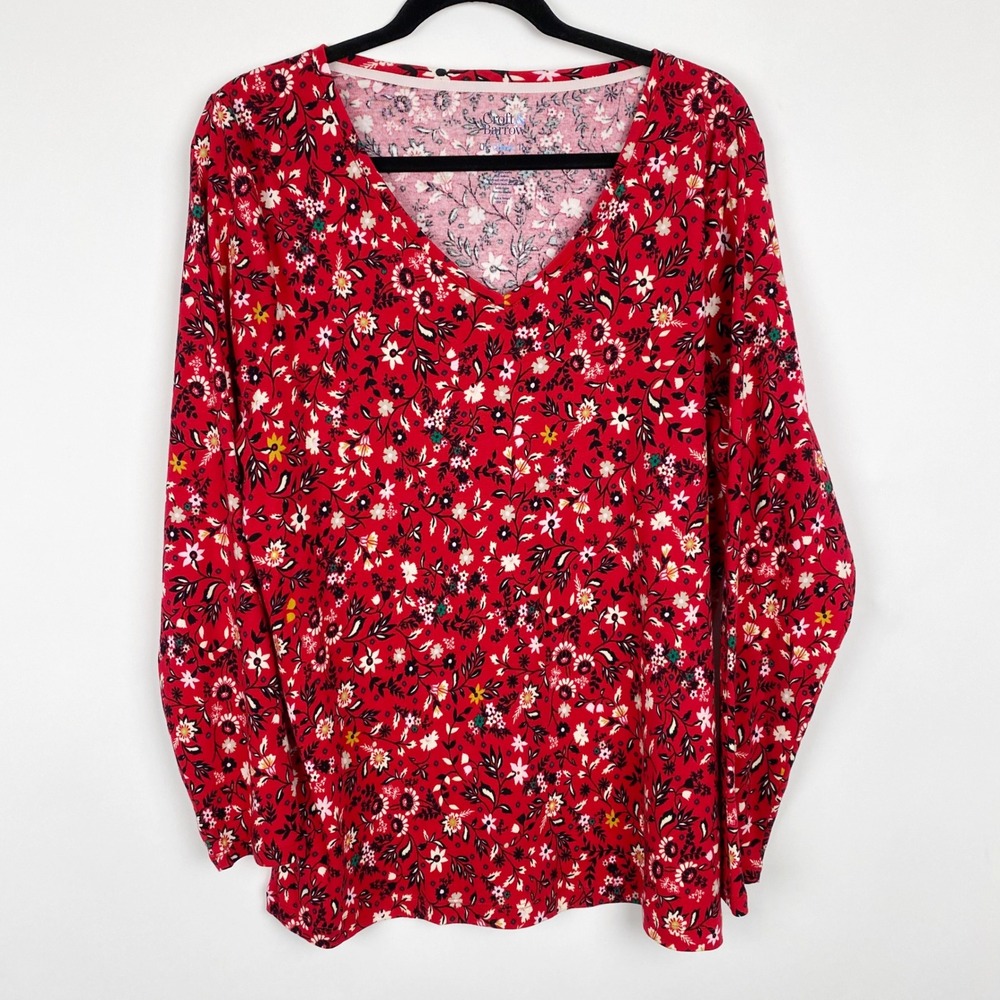 Croft & Barrow The Classic Tee Floral V-Neck Long Sleeve Top Women 0X Red
